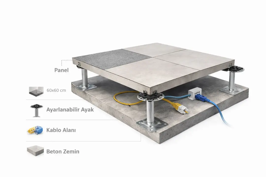 Yükseltilmiş döşeme sistemi kesiti ve kablo yönetimi şeması&nbsp;