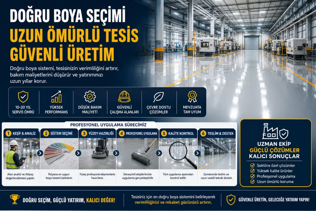 Modern üretim tesisinde profesyonel endüstriyel boya uygulaması sonrası temiz ve dayanıklı yüzeyler&nbsp;