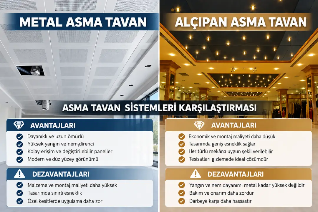Metal asma tavan ve alçıpan tavan sistemlerinin avantaj ve dezavantajlarını karşılaştıran bilgilendirici görsel