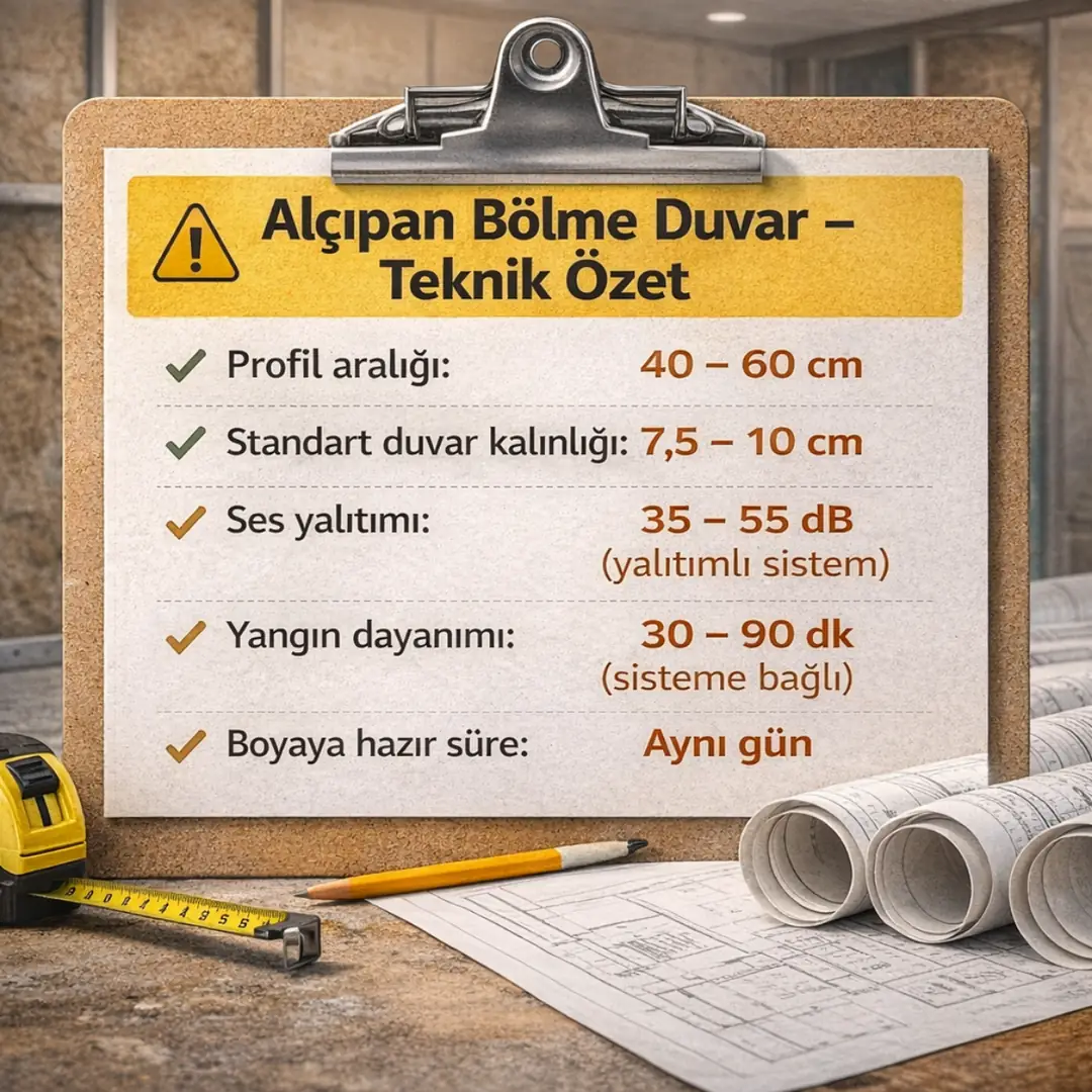 Alçıpan bölme duvar teknik özet – profil aralığı, duvar kalınlığı, ses yalıtımı, yangın dayanımı ve boyaya hazır süre bilgileri&nbsp;