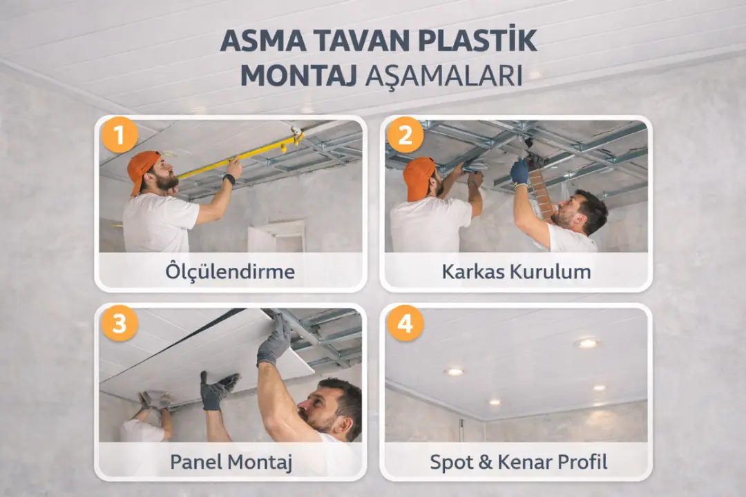 Plastik asma tavan montaj aşamalarını gösteren uygulama şeması