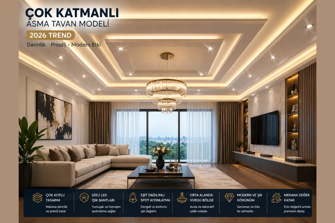 Çok katmanlı asma tavan modeli led ışık bantlı modern salon tasarımı
