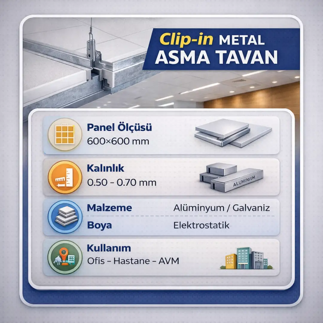 clip in metal asma tavan teknik özellikleri 600x600 panel sistemi