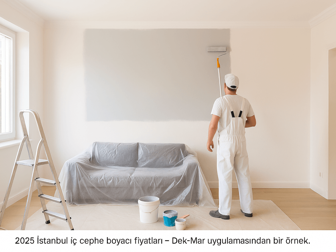İstanbul Boyacı Fiyatları 2025 – Dek-Mar iç cephe uygulamasında profesyonel boyacı ile örnek boya hizmeti sahnesi. 