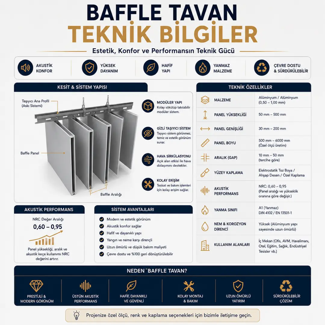 Baffle tavan için teknik ölçü ve akustik önerileri içeren mini bilgi kutusu