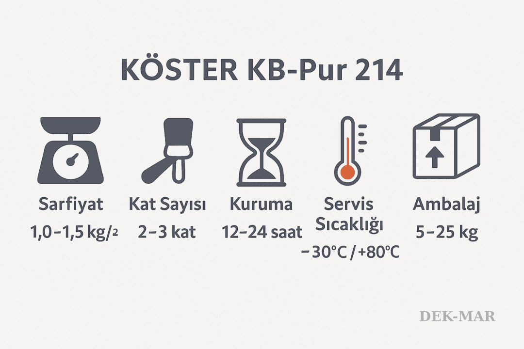Köster KB-Pur 214 teknik bilgiler: sarfiyat, kuruma süresi, servis sıcaklığı, ambalaj seçenekleri. 