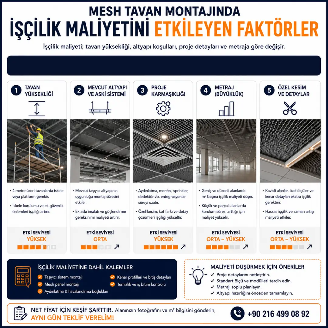 Mesh tavan montaj işçiliğini etkileyen tavan yüksekliği, iskele kullanımı, aydınlatma entegrasyonu ve özel kesim detaylarını gösteren infografik