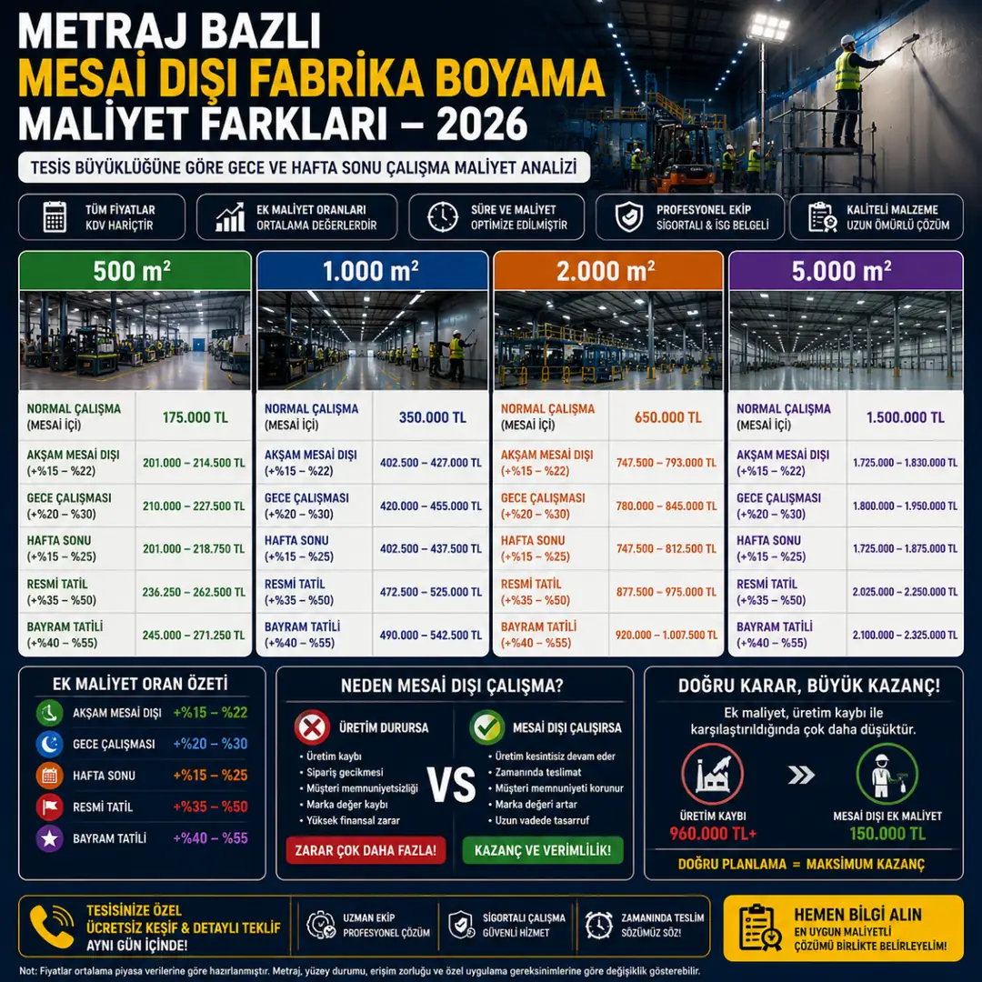 500 m2 1000 m2 ve 5000 m2 fabrika boyama hafta sonu maliyet karşılaştırması&nbsp;