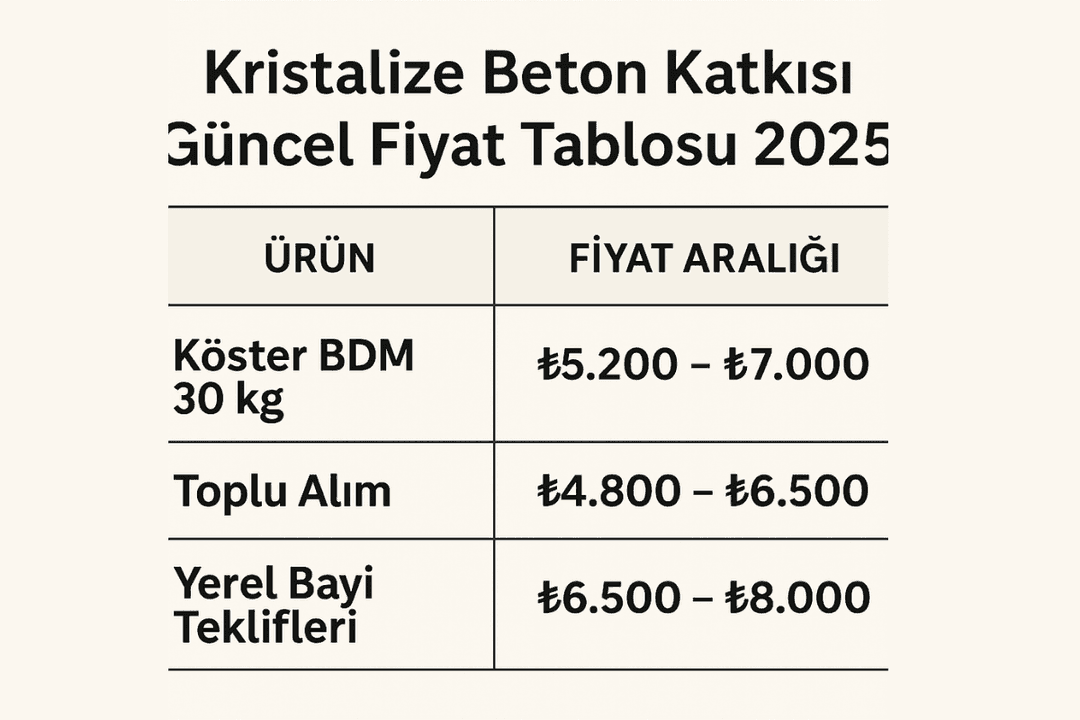 Kristalize beton katkısı 2025 fiyat tablosu: Köster BDM 30 kg ve proje bazlı fiyat aralıkları. 