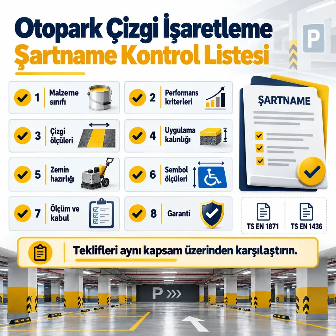 Otopark çizgi işaretleme şartname kontrol listesi TS EN 1871 TS EN 1436