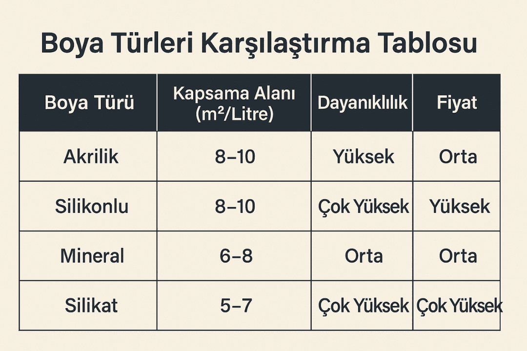 Akrilik, silikonlu, mineral ve silikat dış cephe boyalarının kapsama alanı, dayanıklılık ve fiyat karşılaştırma tablosu. 