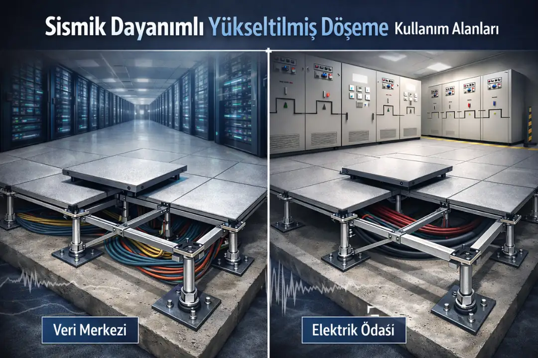 Sismik dayanımlı yükseltilmiş döşeme kullanım alanları; veri merkezi ve elektrik odalarında deprem güvenliği sağlayan zemin sistemi