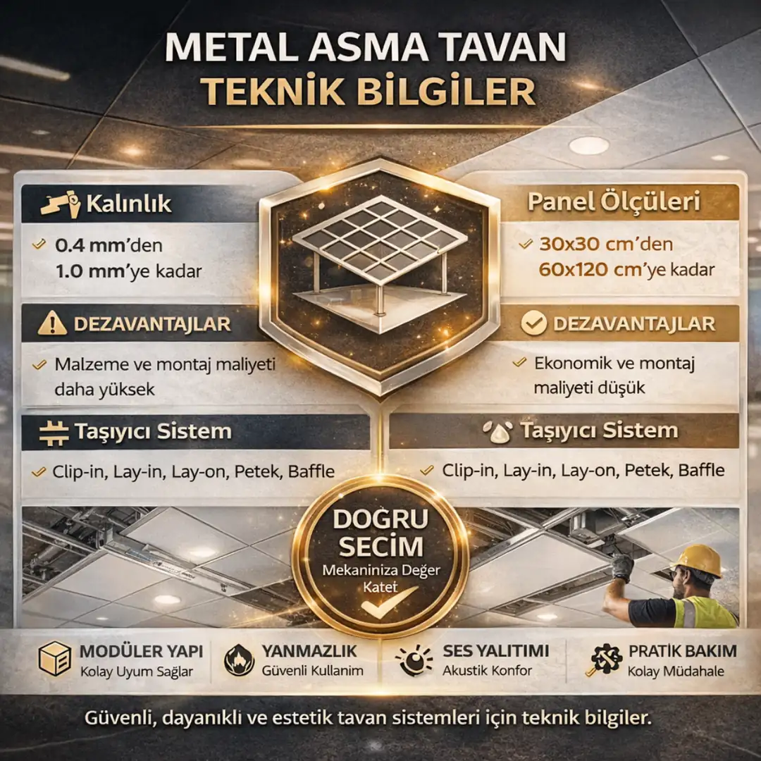 Metal asma tavan teknik özellikleri panel ölçüleri taşıyıcı sistem ve uygulama detayları&nbsp;