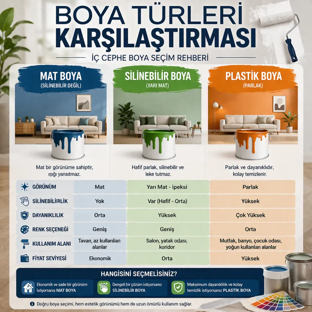 İç cephe boya türleri karşılaştırması mat, silinebilir ve plastik boya farkları&nbsp;