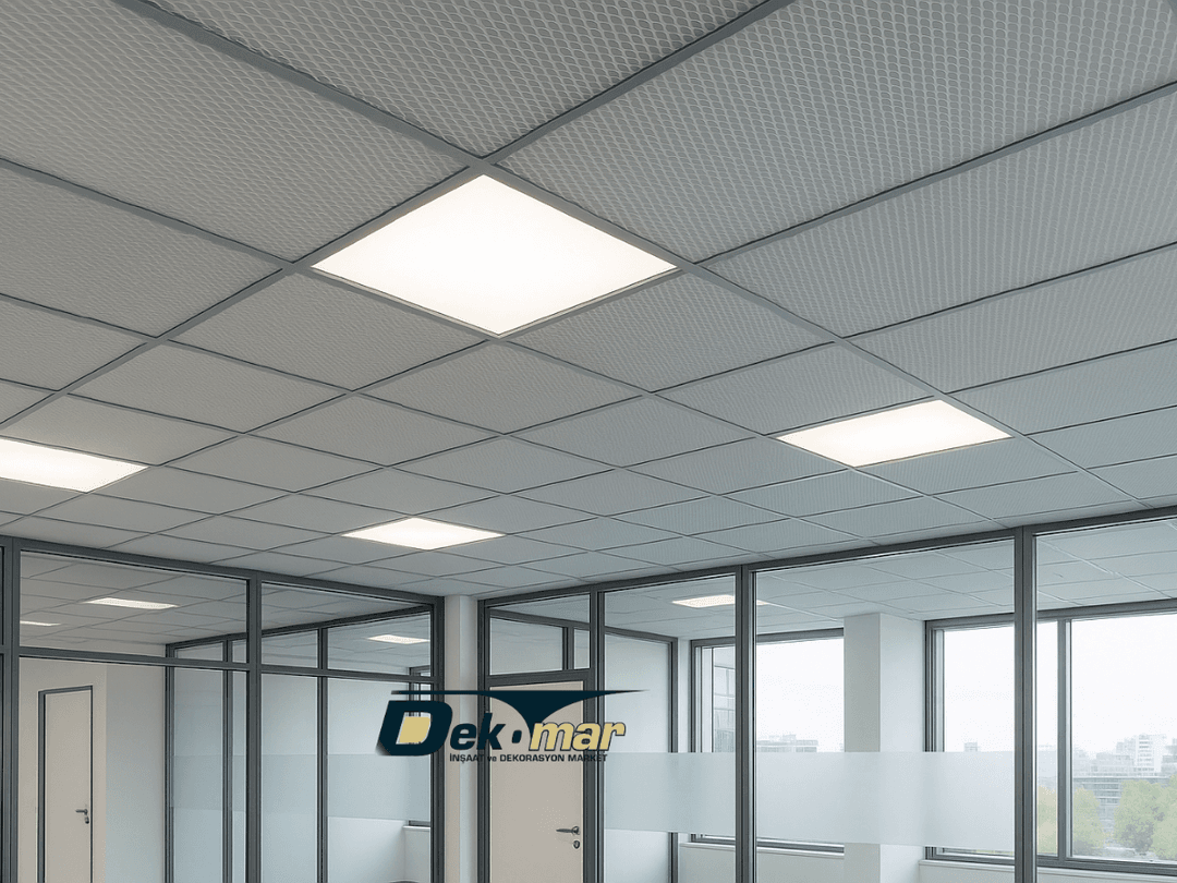 Mesh asma tavan ile tasarlanmış modern bir ofis tavanı, lay-in sistemle uygulanmış, genişletilmiş metal panel görünümüyle. 