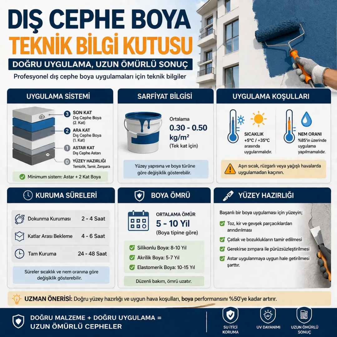 Dış cephe boya teknik bilgileri sarfiyat kuruma süresi ve uygulama şartları infografik&nbsp;