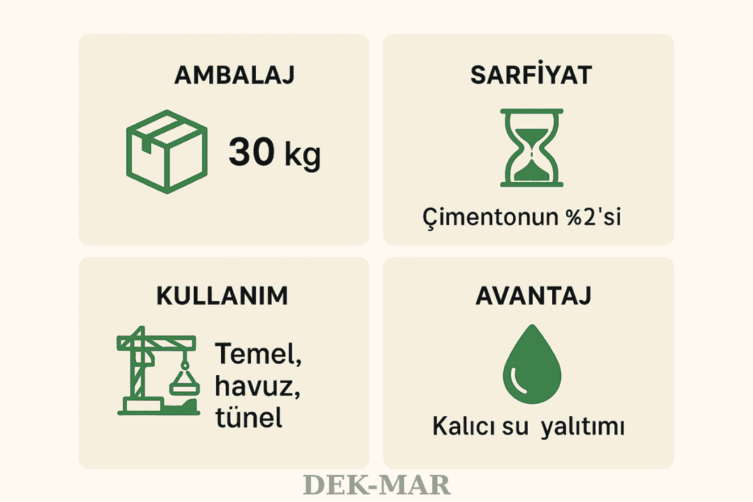 Köster BDM kristalize beton katkısı teknik bilgiler: ambalaj, sarfiyat, ömür, kullanım alanı. 