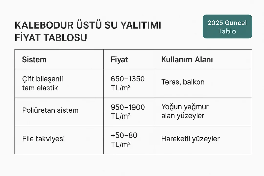 Kalebodur üstü su yalıtımı fiyat tablosu 2025 – tam elastik, fileli ve poliüretan sistem fiyatları – Dek-Mar İnşaat