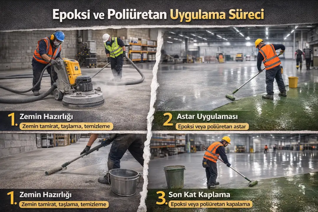Epoksi ve poliüretan zemin kaplama uygulama süreci, yüzey hazırlığı, astar ve son kat uygulama aşamaları