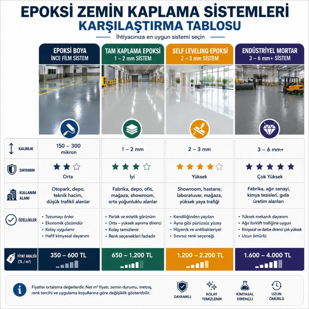 Epoksi boya, tam kaplama, self leveling ve endüstriyel mortar sistemlerinin kalınlık, dayanım ve fiyat karşılaştırması&nbsp;