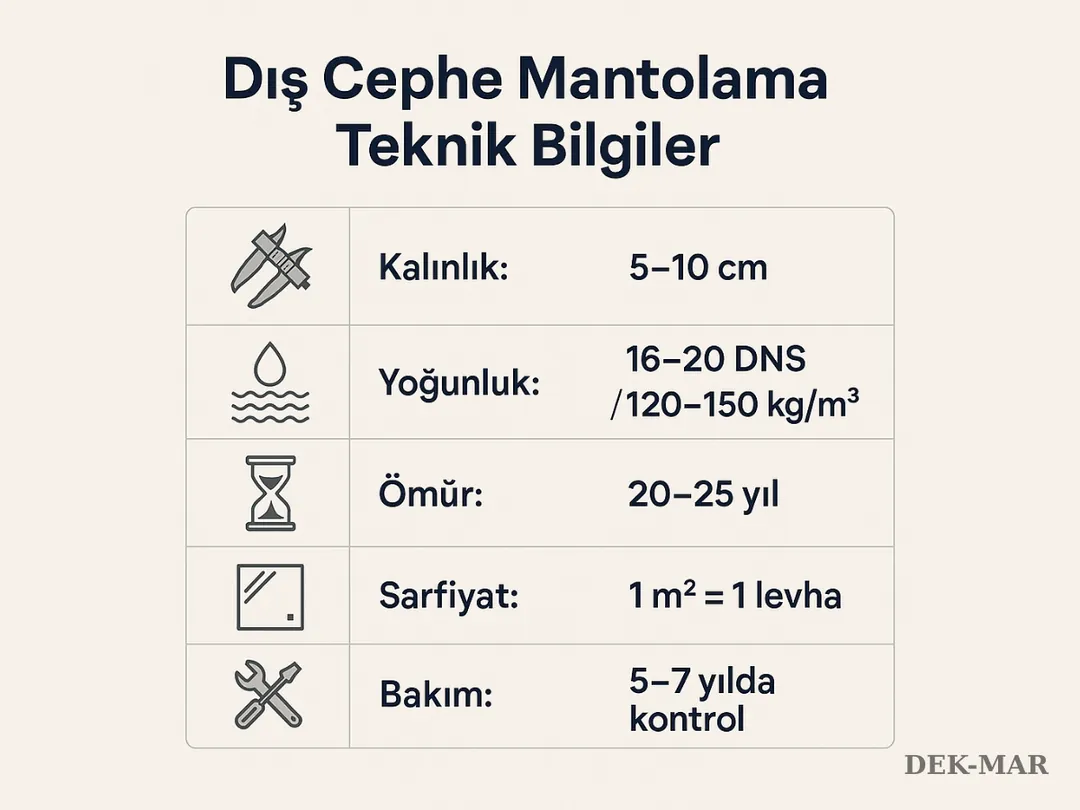 Dış cephe mantolama teknik bilgiler: kalınlık, yoğunluk, sarfiyat ve ömür. 