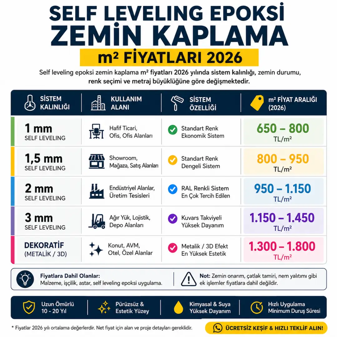 Self leveling epoksi zemin kaplama m2 fiyat tablosu 2026 kalınlığa göre maliyet karşılaştırması