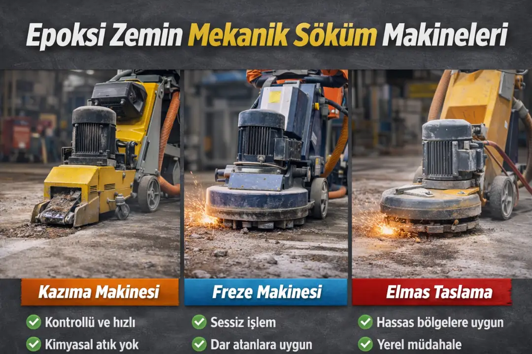 Epoksi zemin sökümünde kullanılan mekanik kazıma ve taşlama makineleri