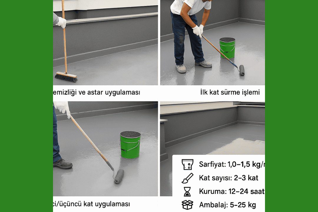 Köster KB-Pur 214 uygulama aşamaları: yüzey hazırlığı, astar, çok katlı uygulama ve bitmiş izolasyon. 