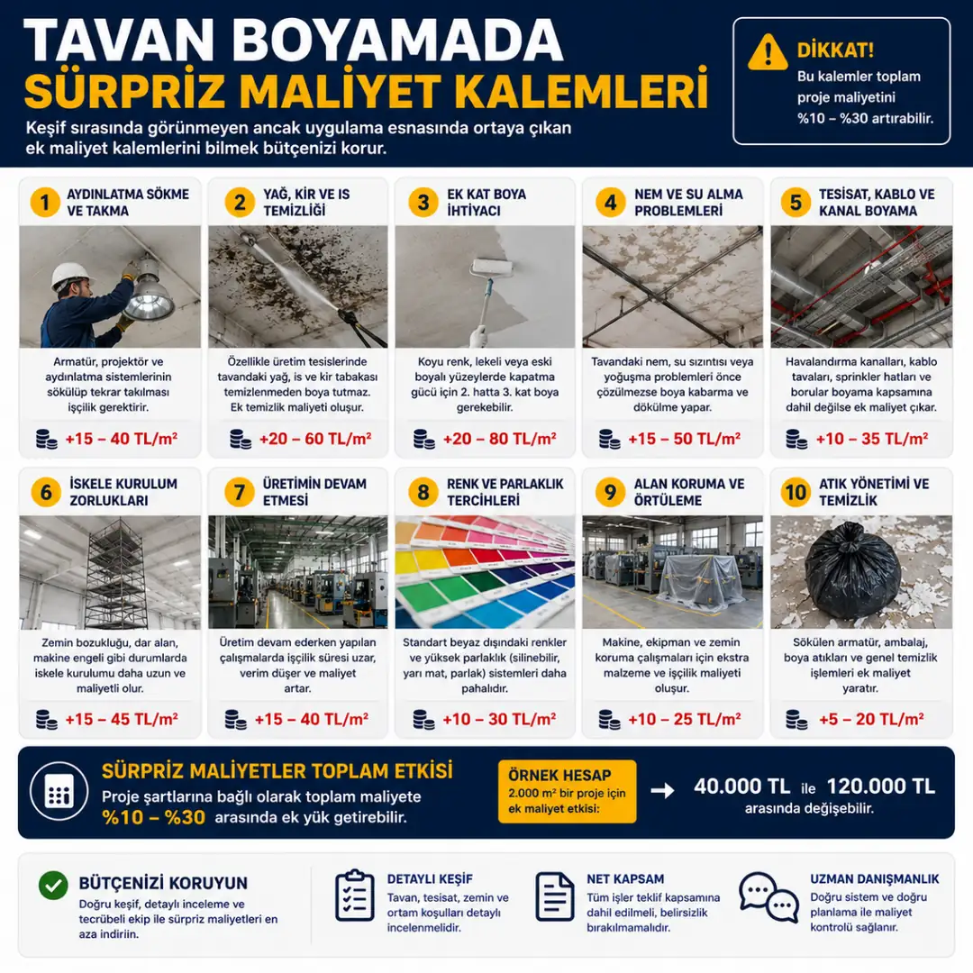 Fabrika tavan boyamada gizli maliyetler aydınlatma sökme yağ temizliği iskele&nbsp;