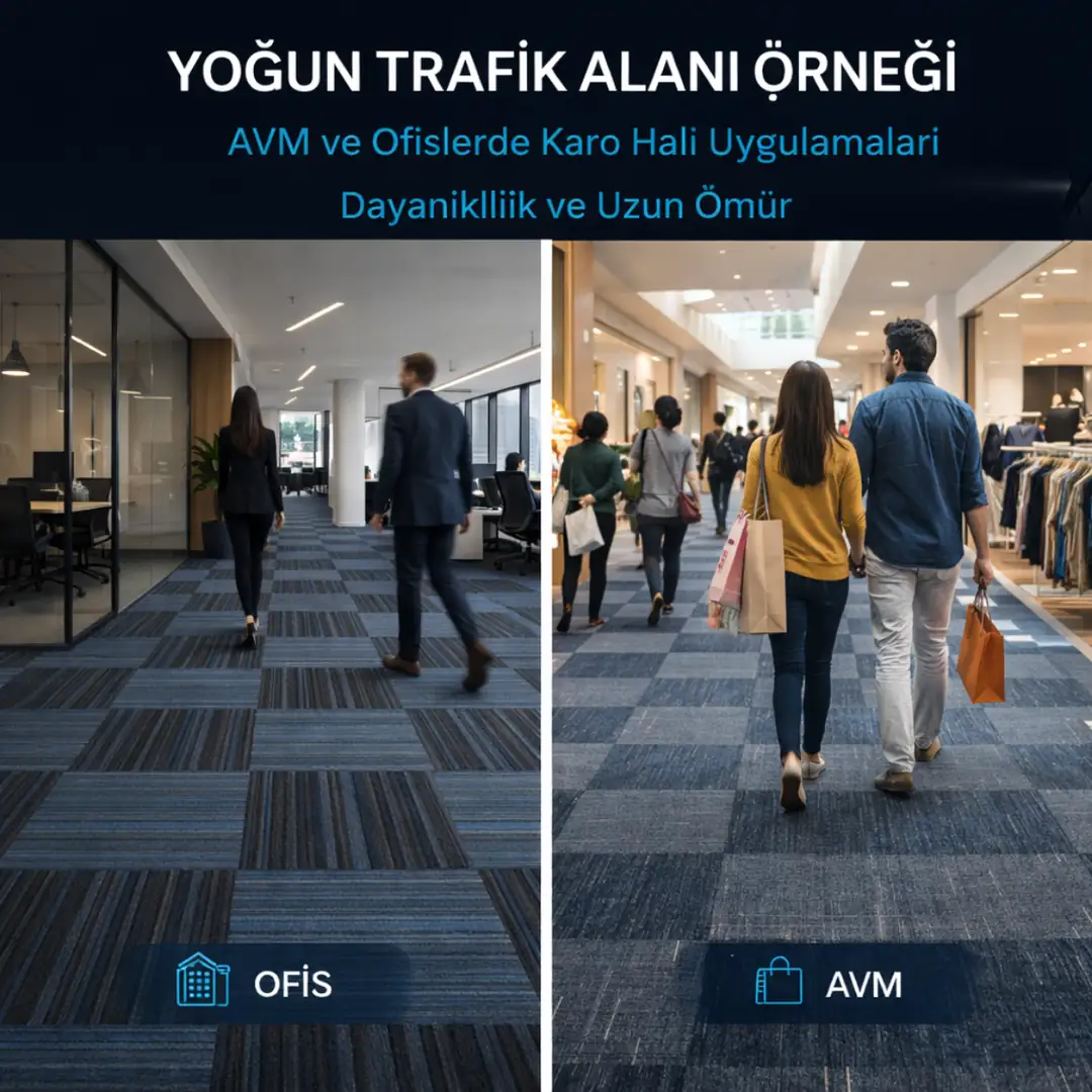 AVM ve ofis gibi yoğun insan trafiğine sahip alanlarda kullanılan karo halı sistemleri uzun ömür ve dayanıklılık sağlar&nbsp;