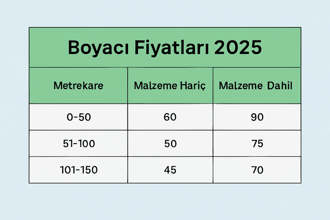 Boyacı Fiyatları 2025 - Ev ve iş yeri boyama için m² bazlı güncel fiyatları gösteren tablo, kullanıcıya rehberlik eder. 
