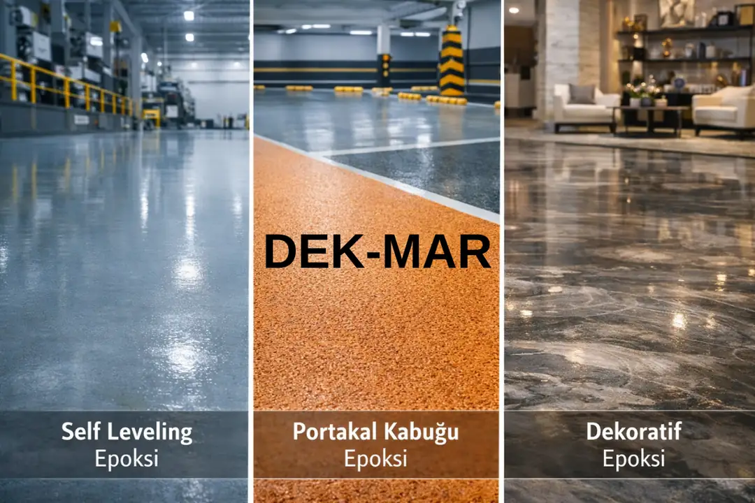 Self leveling, portakal kabuğu ve dekoratif epoksi kaplama örnekleri karşılaştırması