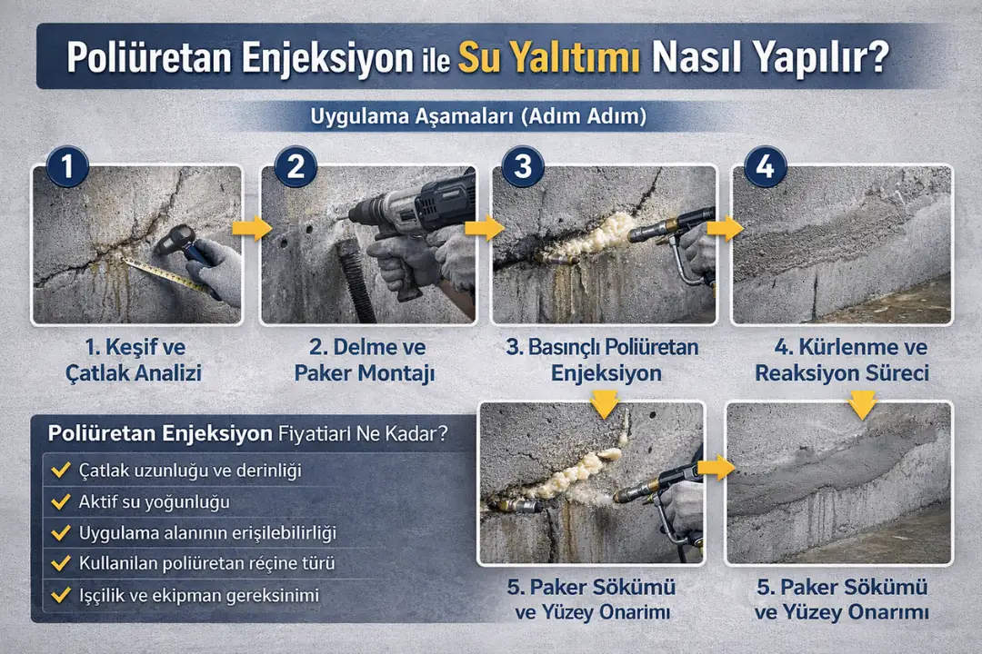 Poliüretan enjeksiyon su yalıtımı uygulama aşamaları – keşif, delme, paker montajı, basınçlı enjeksiyon ve yüzey onarımı&nbsp;