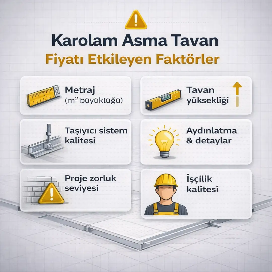 Karolam asma tavan fiyatını etkileyen faktörler metraj tavan yüksekliği taşıyıcı sistem aydınlatma ve işçilik detayları