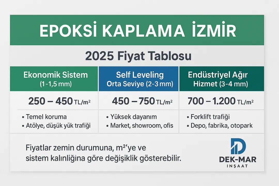 Epoksi kaplama İzmir fiyat tablosu – self leveling, endüstriyel ve dekoratif epoksi m² fiyatları – 2025 Dek-Mar Teknik.