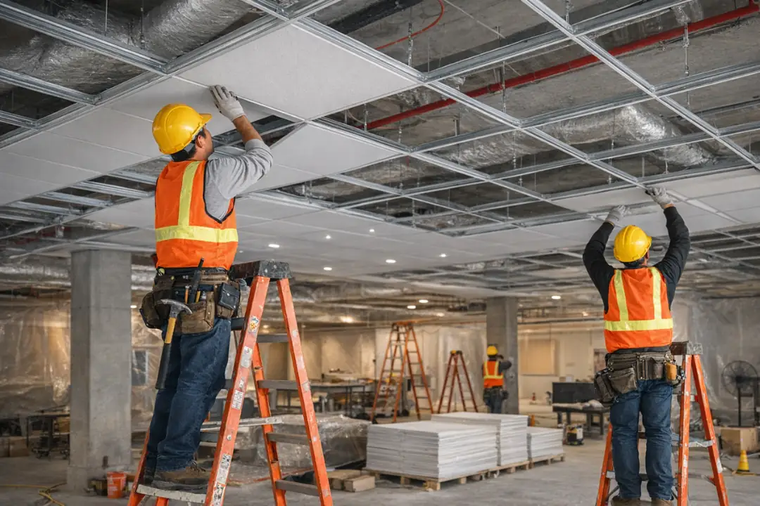 Metal asma tavan uygulama süreci montaj aşamaları saha görüntüsü&nbsp;