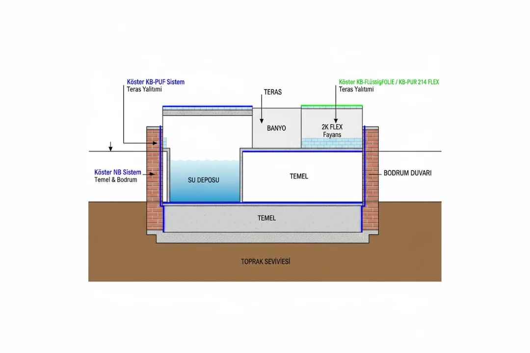 Köster su yalıtımı temel, teras ve ıslak hacim uygulama bölgeleri şeması. 