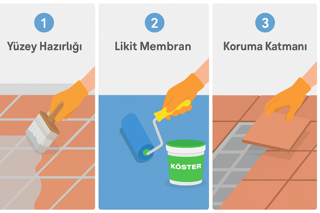 Fayans yüzeyinde KÖSTER astar, likit membran ve koruma katmanı uygulama adımları.