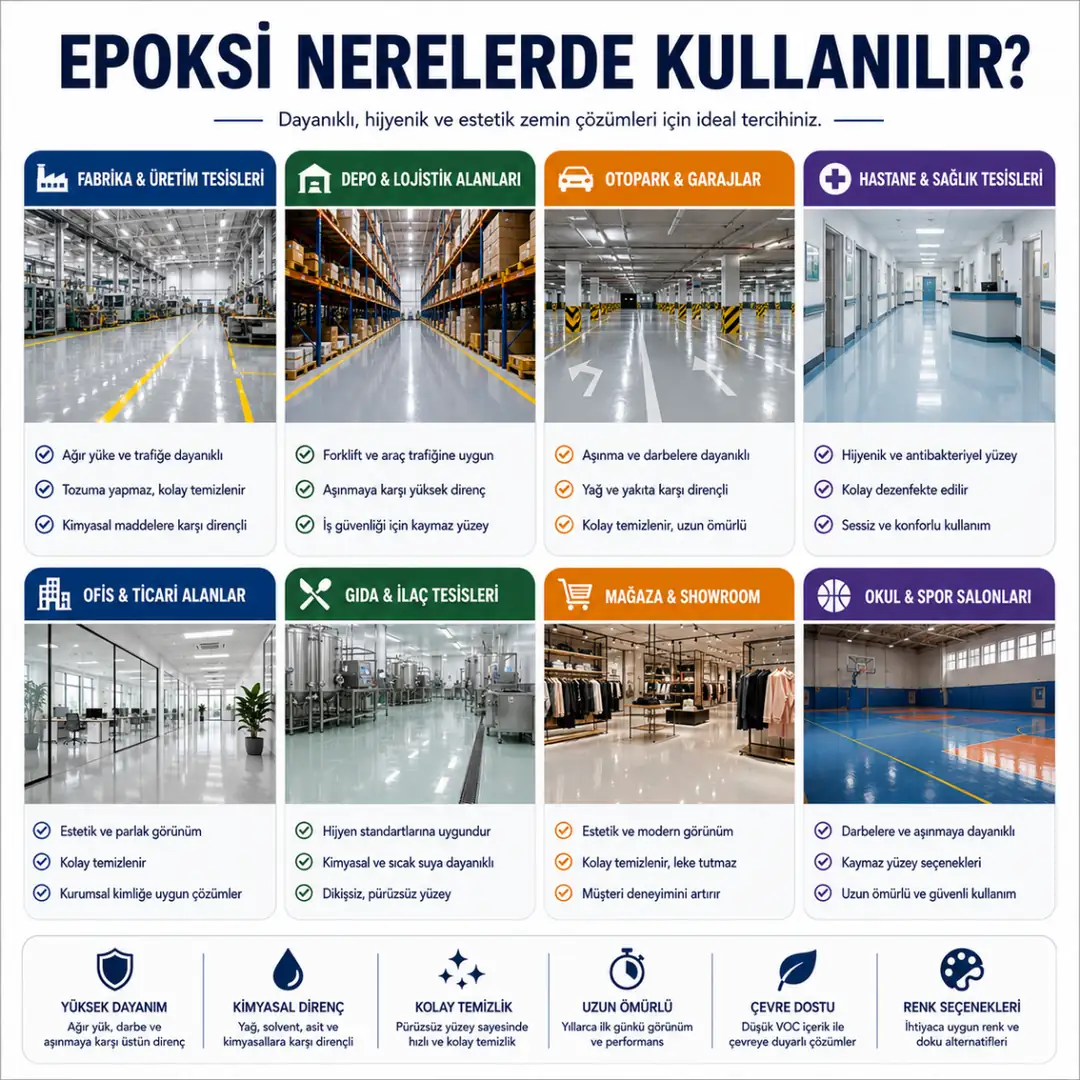 Epoksi zemin kaplamanın fabrika, depo, otopark, hastane, showroom ve spor salonlarında kullanım alanları&nbsp;