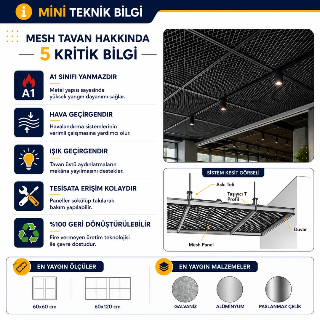 Mesh tavan sistemlerinin yangın dayanımı, hava geçirgenliği ve tesisat erişimi avantajlarını gösteren teknik bilgi görseli&nbsp;