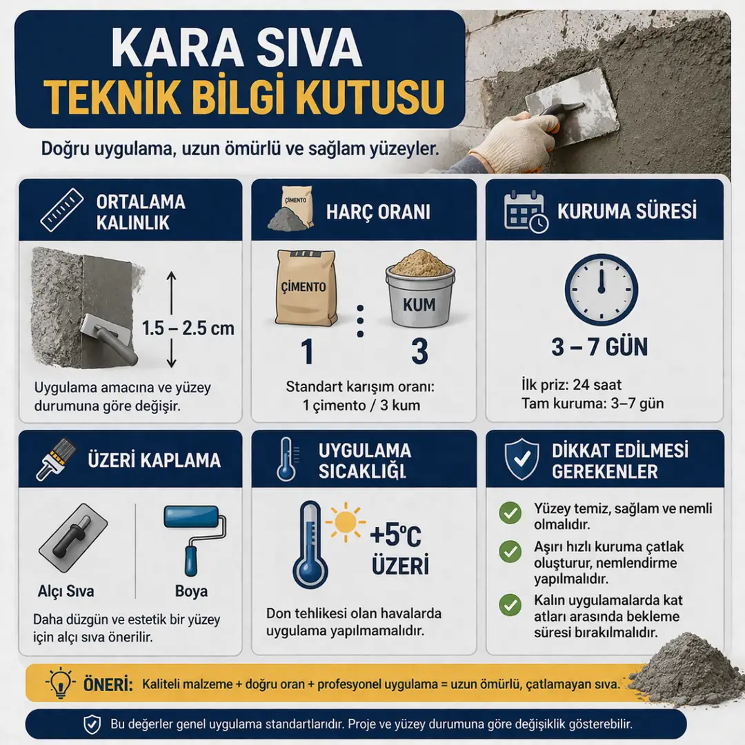 Kara sıva teknik bilgileri kalınlık harç oranı kuruma süresi ve uygulama şartları özet bilgi kutusu&nbsp;