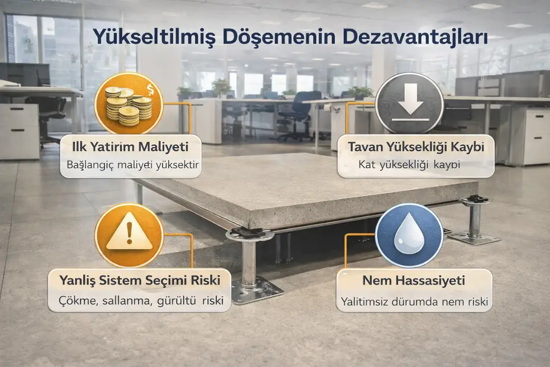 Yükseltilmiş döşeme sistemlerinin dezavantajlarını gösteren karşılaştırmalı infografik&nbsp;