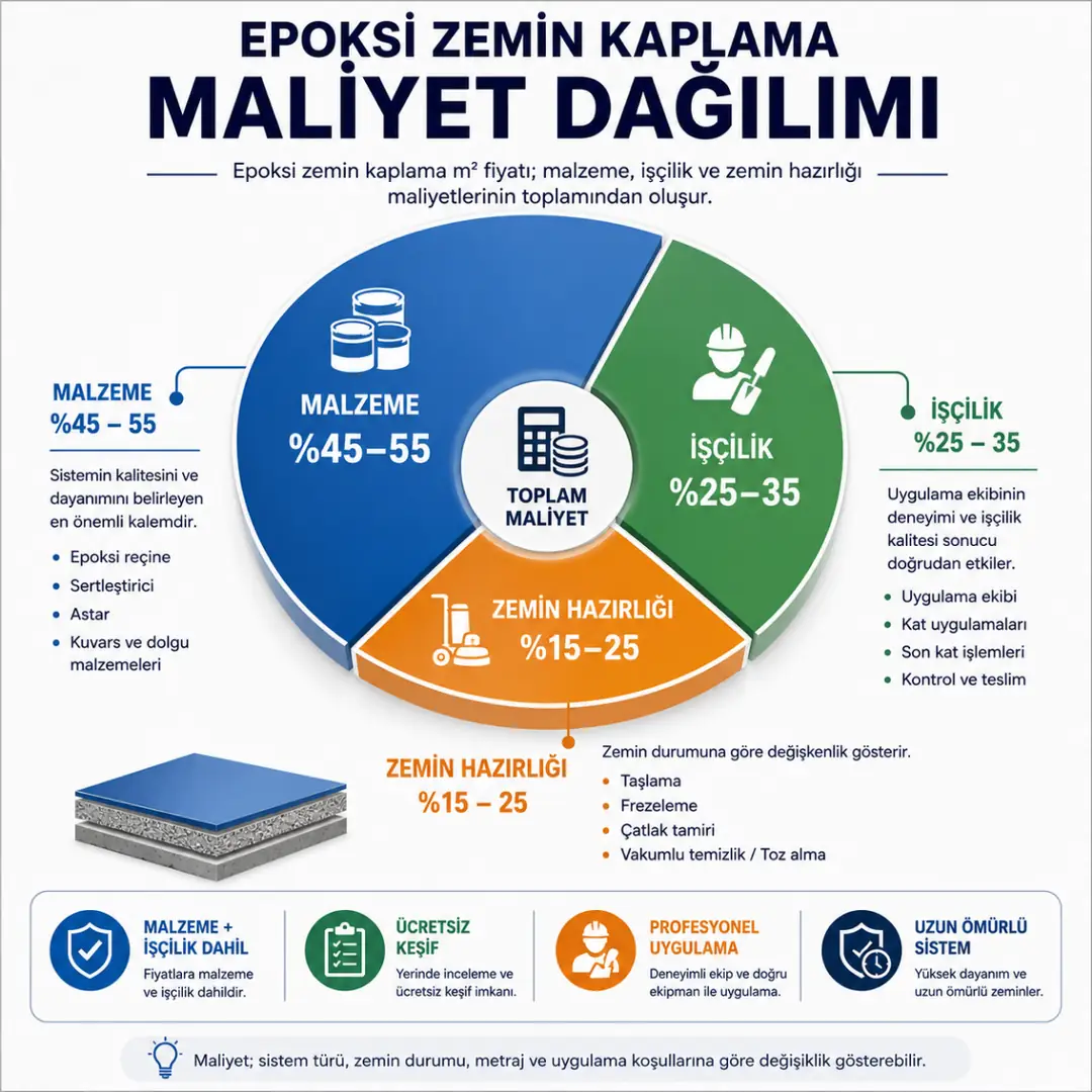 Epoksi zemin kaplama maliyet dağılımı grafiği; malzeme, işçilik ve zemin hazırlığı giderlerinin yüzde oranları&nbsp;
