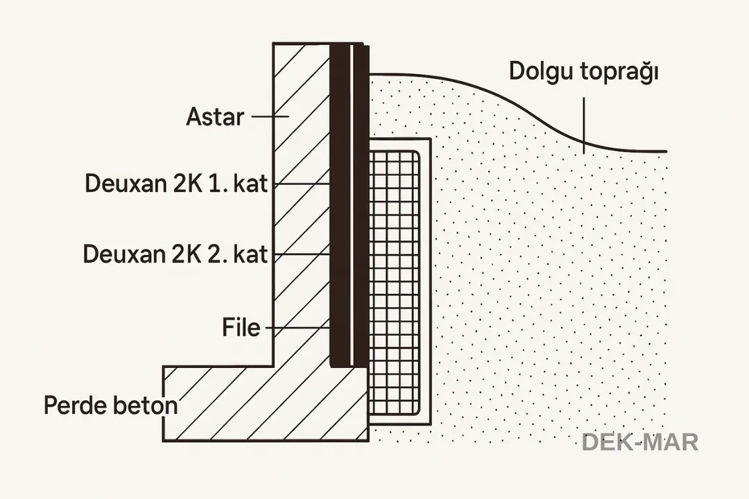 “Deuxan 2K perde beton su yalıtımı teknik kesit – astar, 1. kat, file, 2. kat – drenaj levhası ve dolgu toprağı gösterimi”