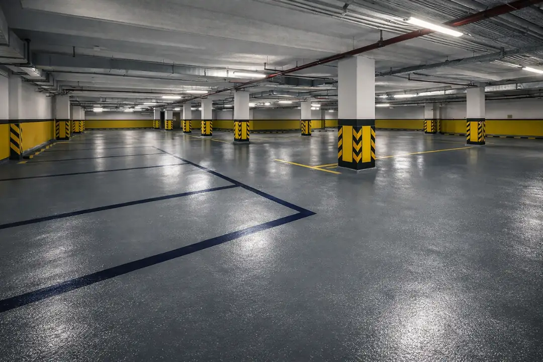 Kapalı otoparklarda uygulanan epoksi zemin kaplama sistemi, pürüzsüz ve dayanıklı yüzey