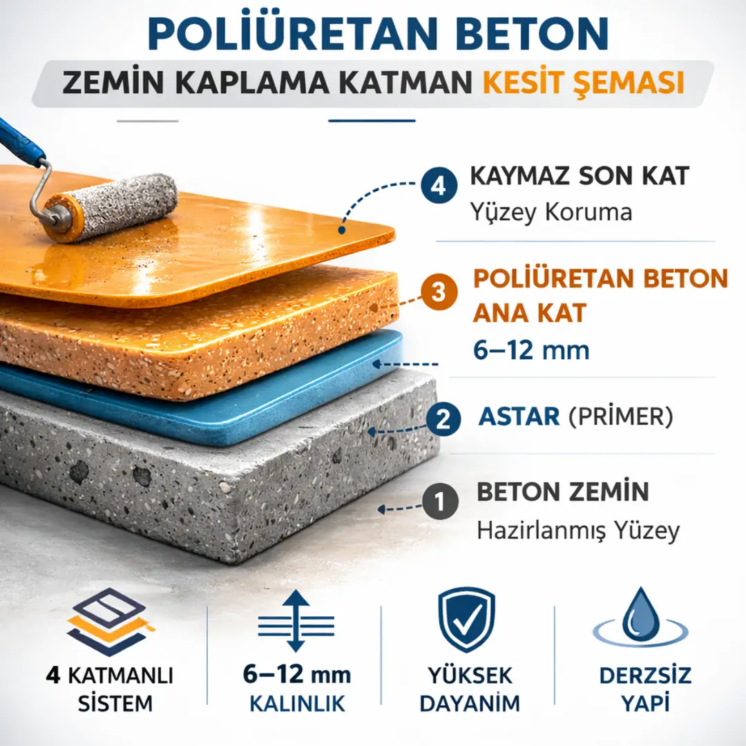 Poliüretan beton zemin kaplama katman kesit şeması teknik uygulama detayı
