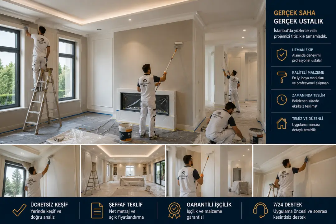 Villa iç cephe boya uygulaması yapan profesyonel ekip gerçek saha çalışması&nbsp;