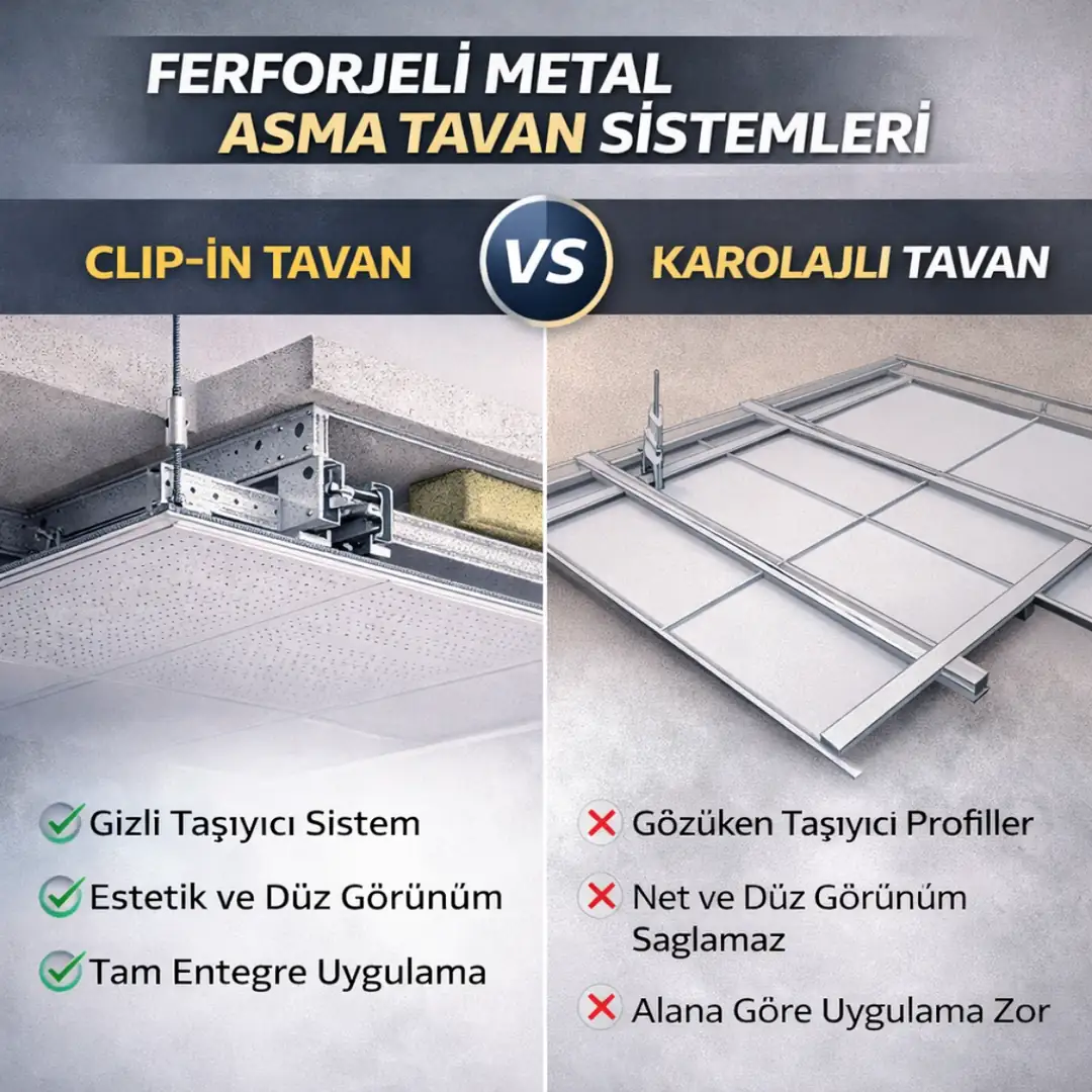 clip in ve lay in metal asma tavan sistemleri karşılaştırması