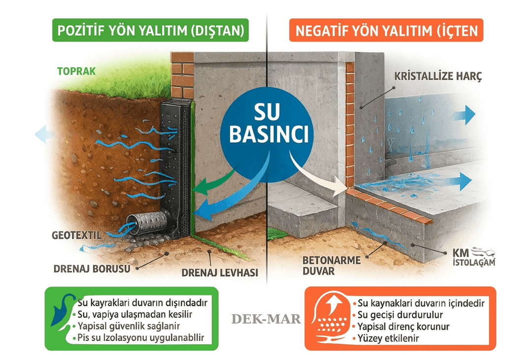 Pozitif ve negatif yön bodrum perde duvar yalıtımı farkı – dıştan ve içten uygulama karşılaştırması.