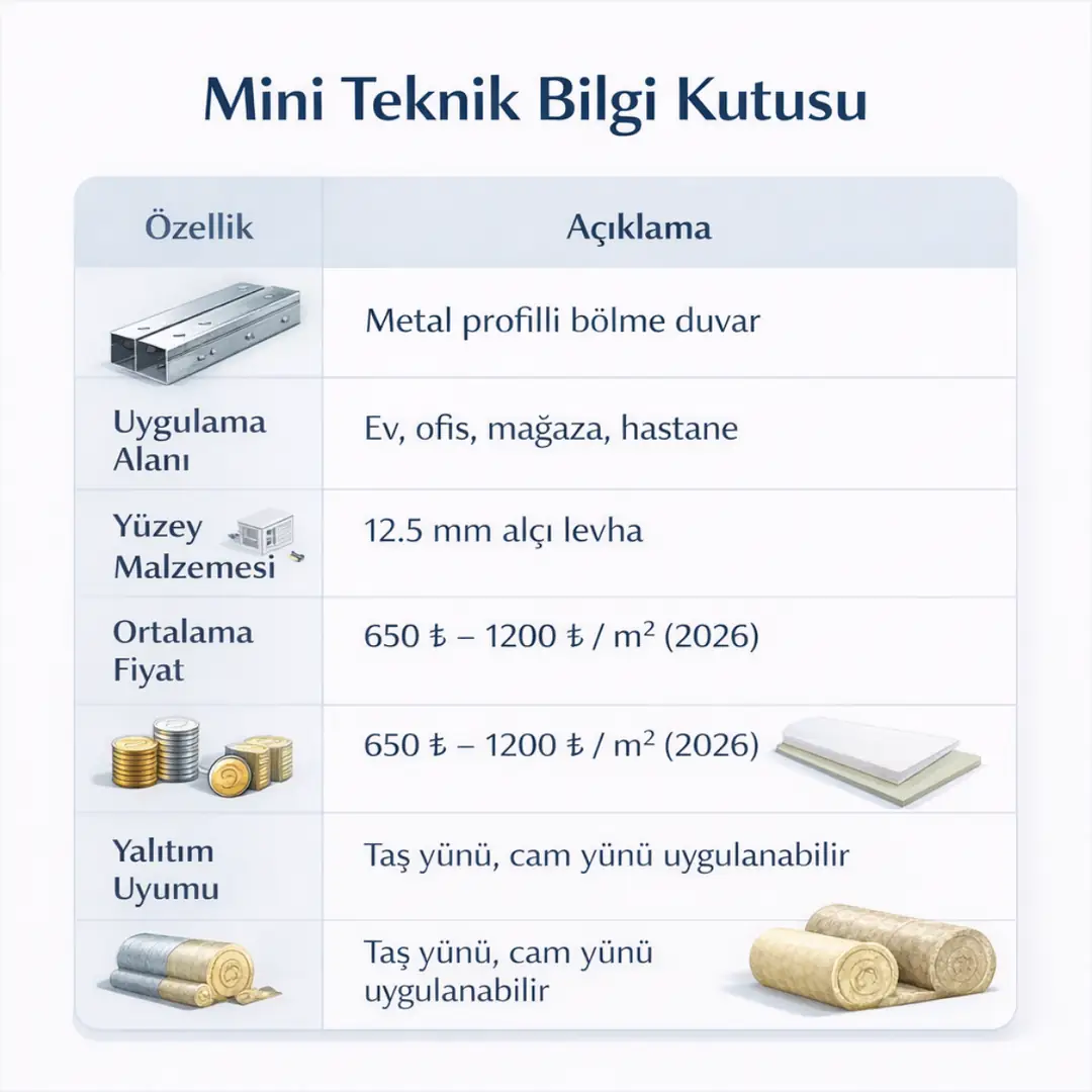 Alçıpan bölme duvar teknik özellikleri sistem tipi fiyat aralığı yalıtım uyumu ve kullanım alanları 2026 infografik&nbsp;